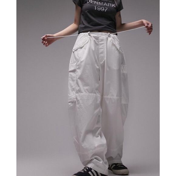 Topshop Oversized Parachute Toggle Cargo WHITE Pants - US 8 10 - Picture 1 of 6
